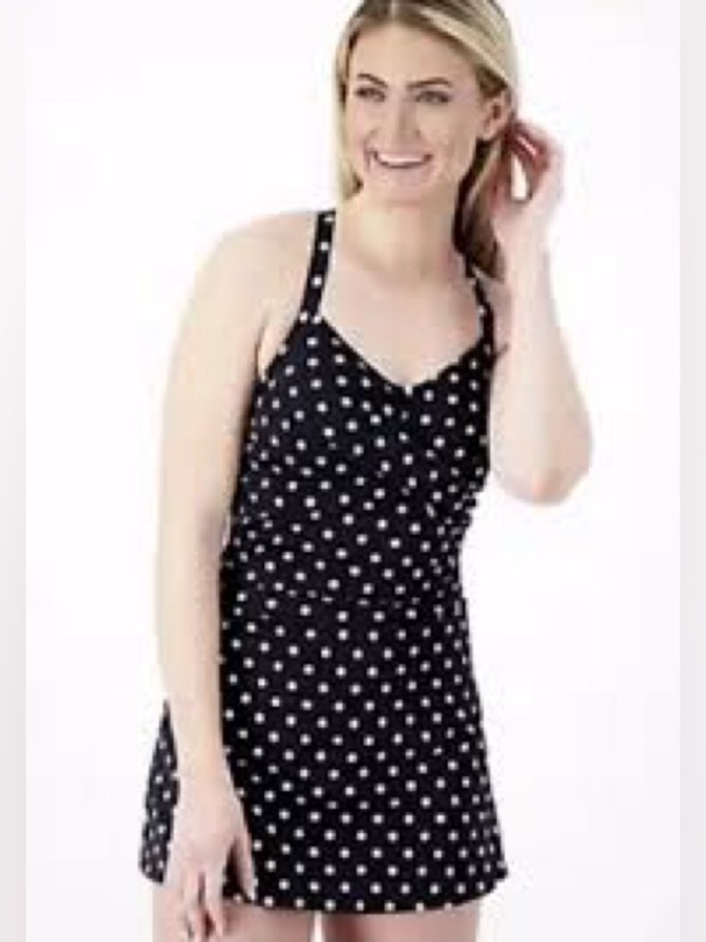 Denim & Co. Beach Sweetheart Twist Swim Dress (Black& White Dot) size 14